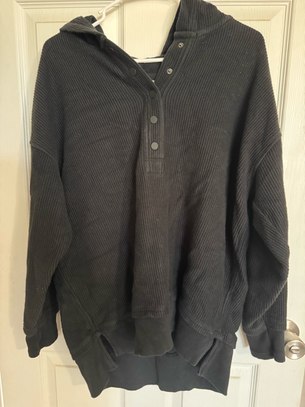 aerie Black Ribbed Snap-Front Oversized Hoodie
